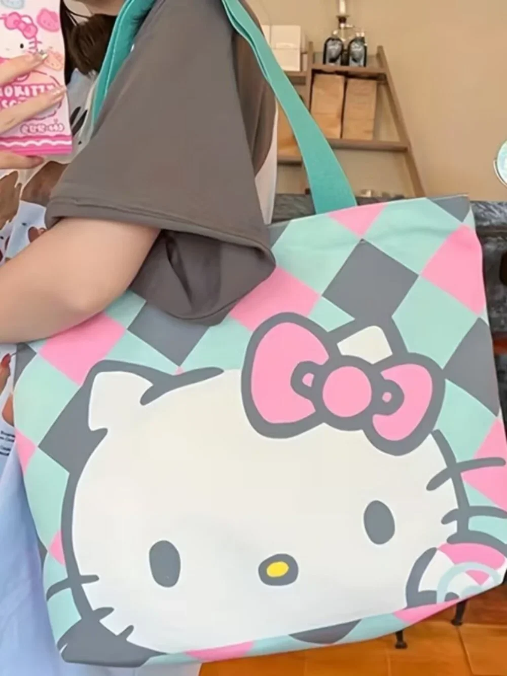 Sanrio Hello Kitty Teal Pink Black Diamond-Print Tote with Coin Pouch - Picture 2 of 3